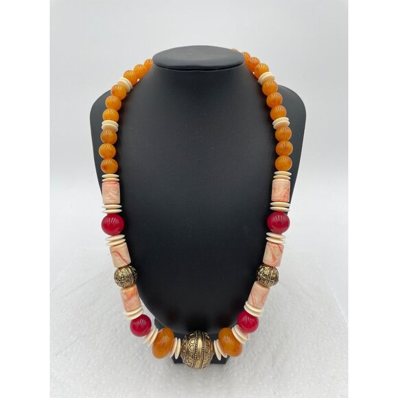Handcrafted Bohemian Beaded Necklace With Ornate Brass Accent Beads & Marbled Re - Picture 1 of 3
